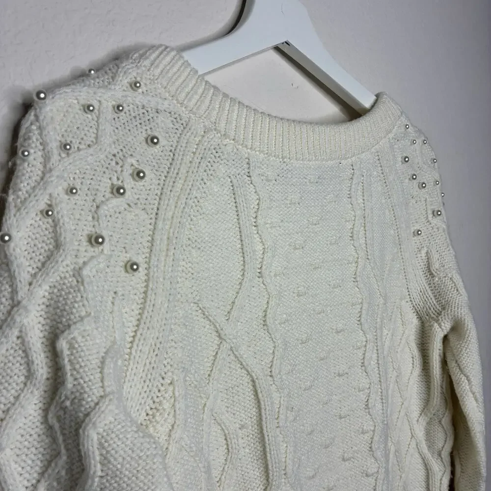 White House Black Market Cream Cable Knit Pearl Embellished Sweater XS - Picture 8 of 10